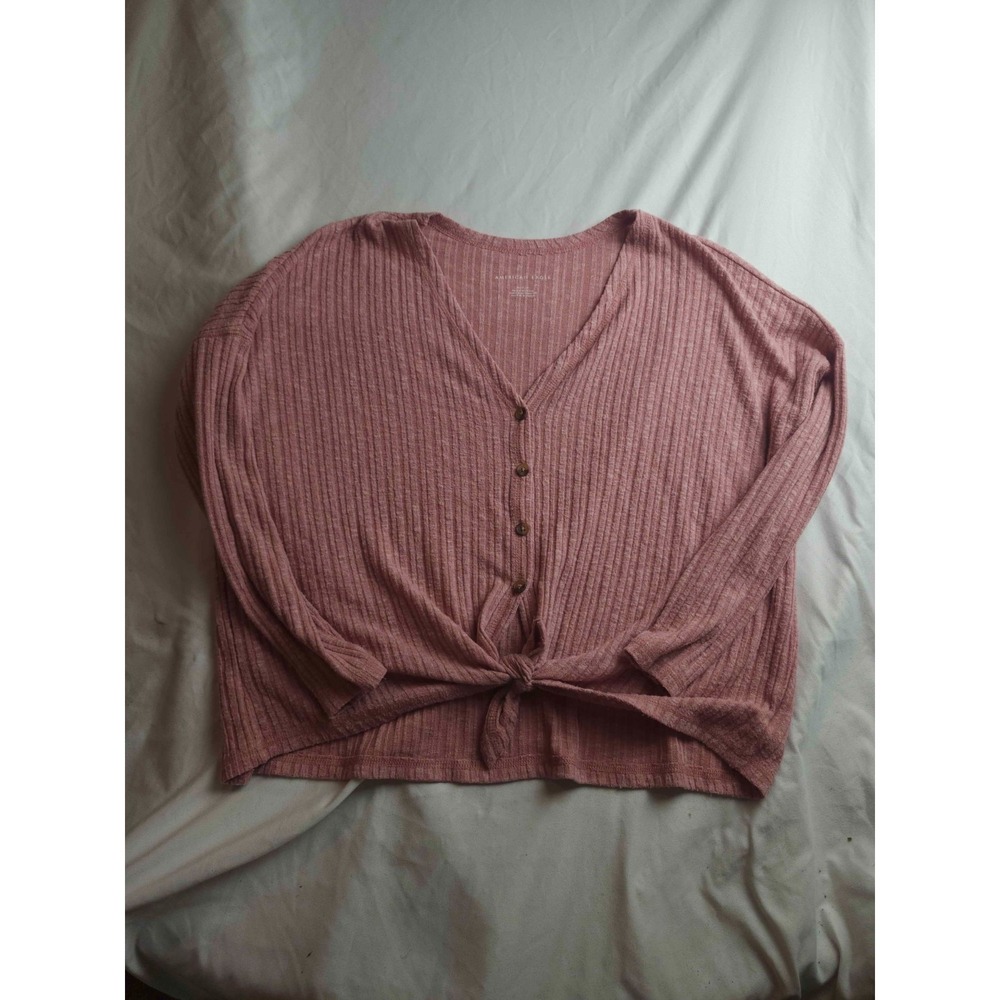 American Eagle Cardigan Top Womens Medium Pink Ribbed Knit Button Front Tie Hem